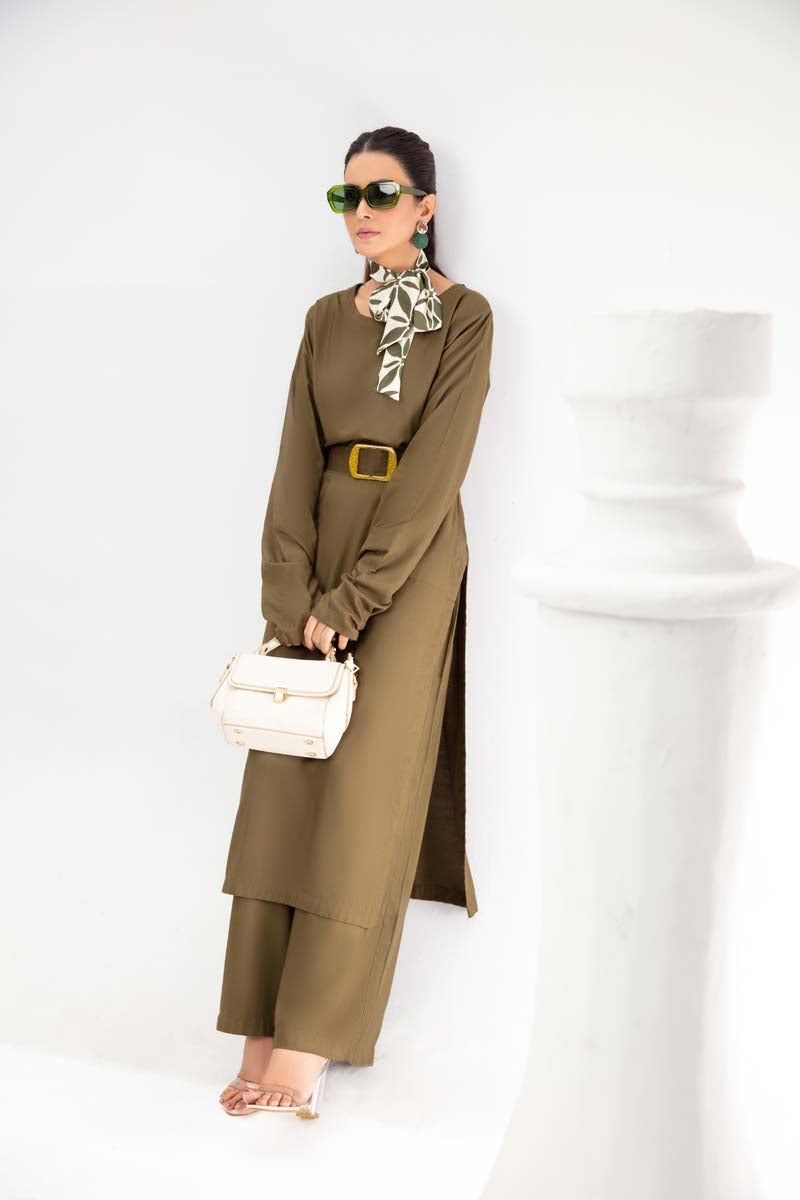 Vogue By Simrans 3 Piece Linen Outfit Mehndi DC01 - Desi Posh