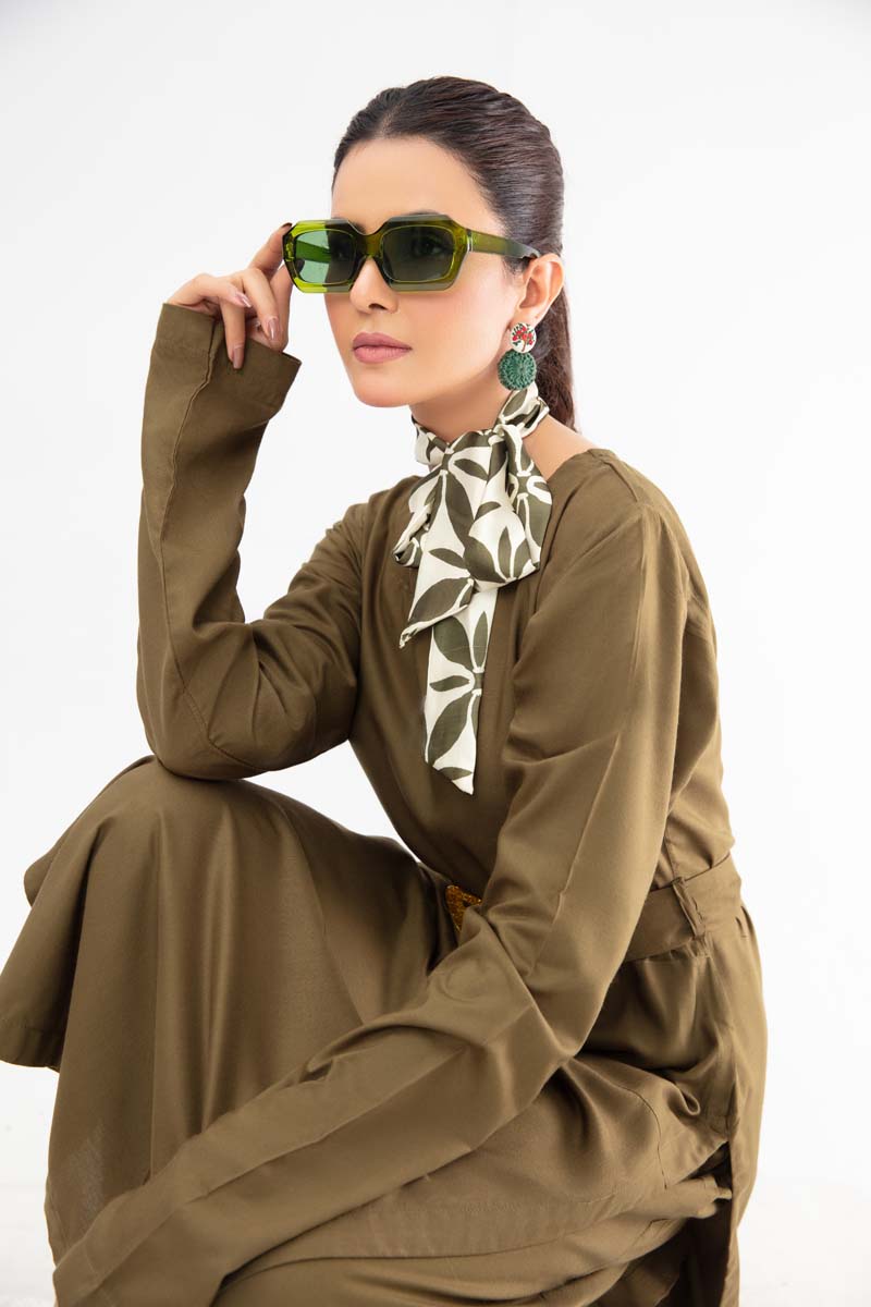 Vogue By Simrans 3 Piece Linen Outfit Mehndi DC01 - Desi Posh