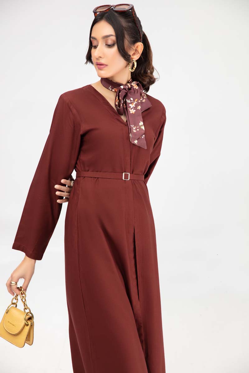 Vogue By Simrans 3 Piece Linen Outfit Brown DC02 - Desi Posh