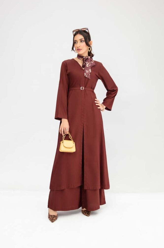 Vogue By Simrans 3 Piece Linen Outfit Brown DC02 - Desi Posh
