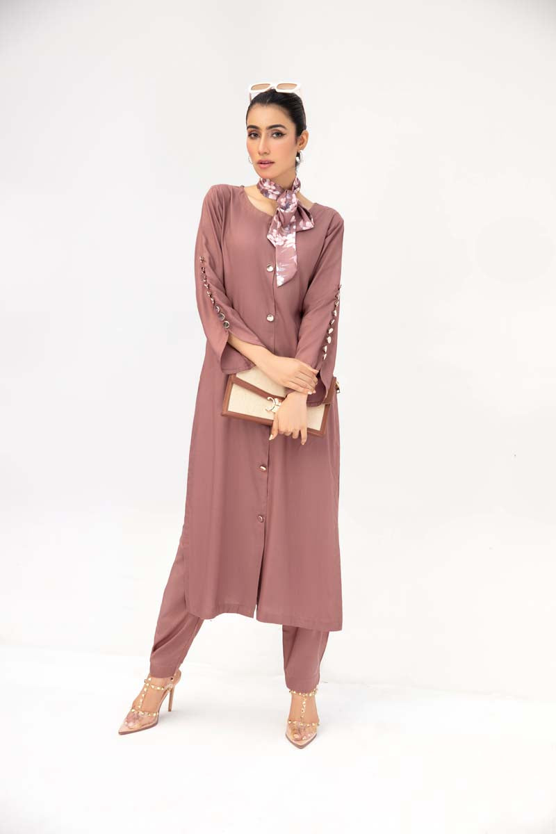 Vogue By Simrans 3 Piece Linen Outfit Mauve DC03 - Desi Posh