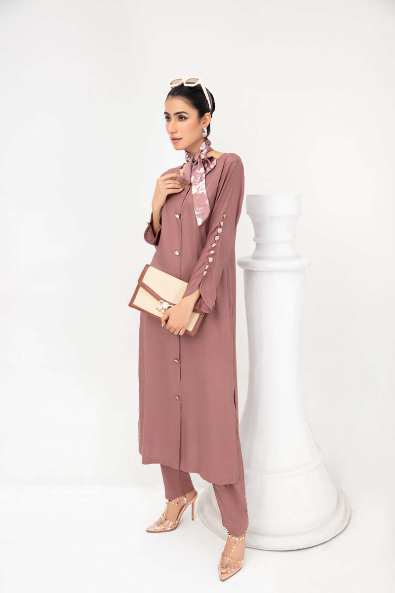 Vogue By Simrans 3 Piece Linen Outfit Mauve DC03 - Desi Posh