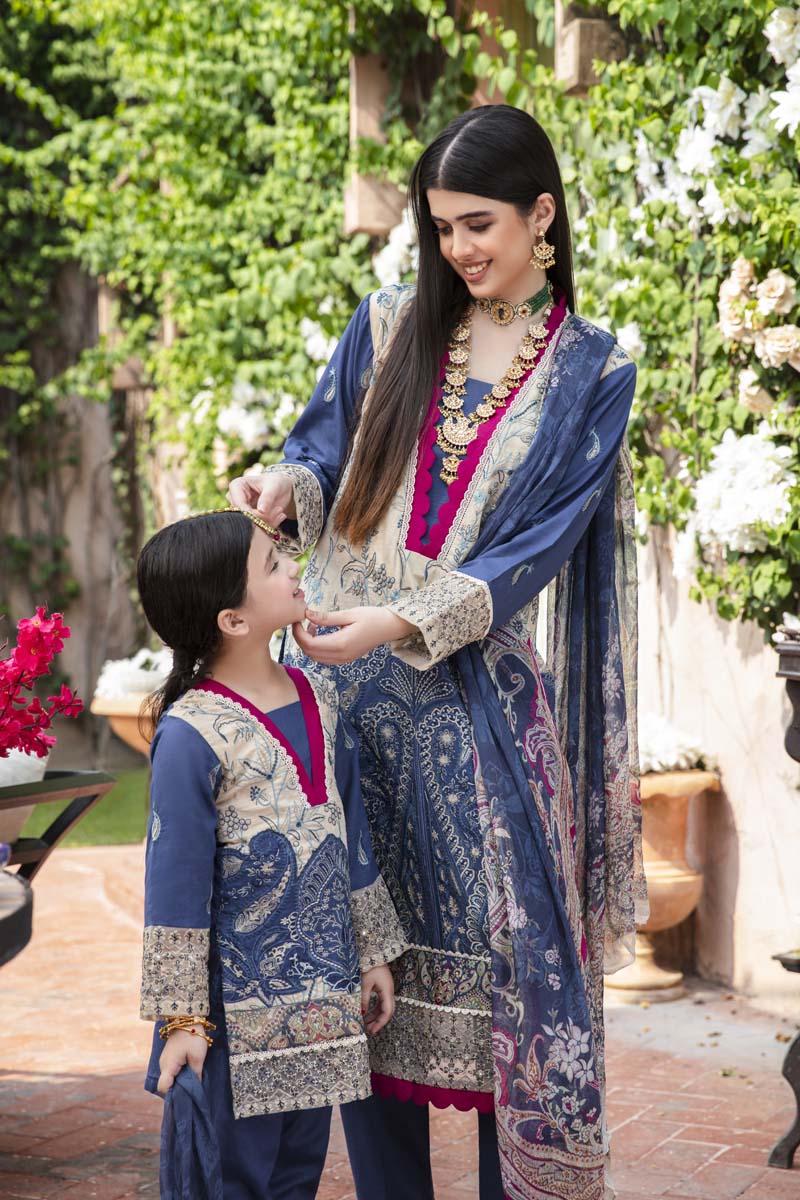 Fiesta Mother & Daughter Kids Readymade Blue Lawn Outfit - Desi Posh
