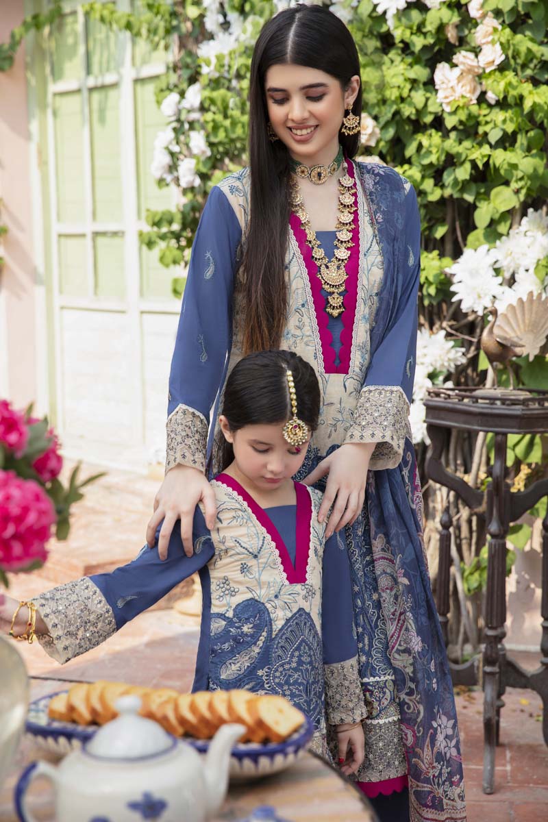 Fiesta Mother & Daughter Kids Readymade Blue Lawn Outfit - Desi Posh