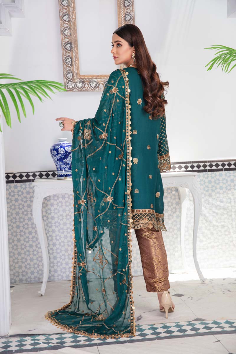 Aroosh Luxury Embroidered Teal Green 3 Piece Wedding Outfit - Desi Posh
