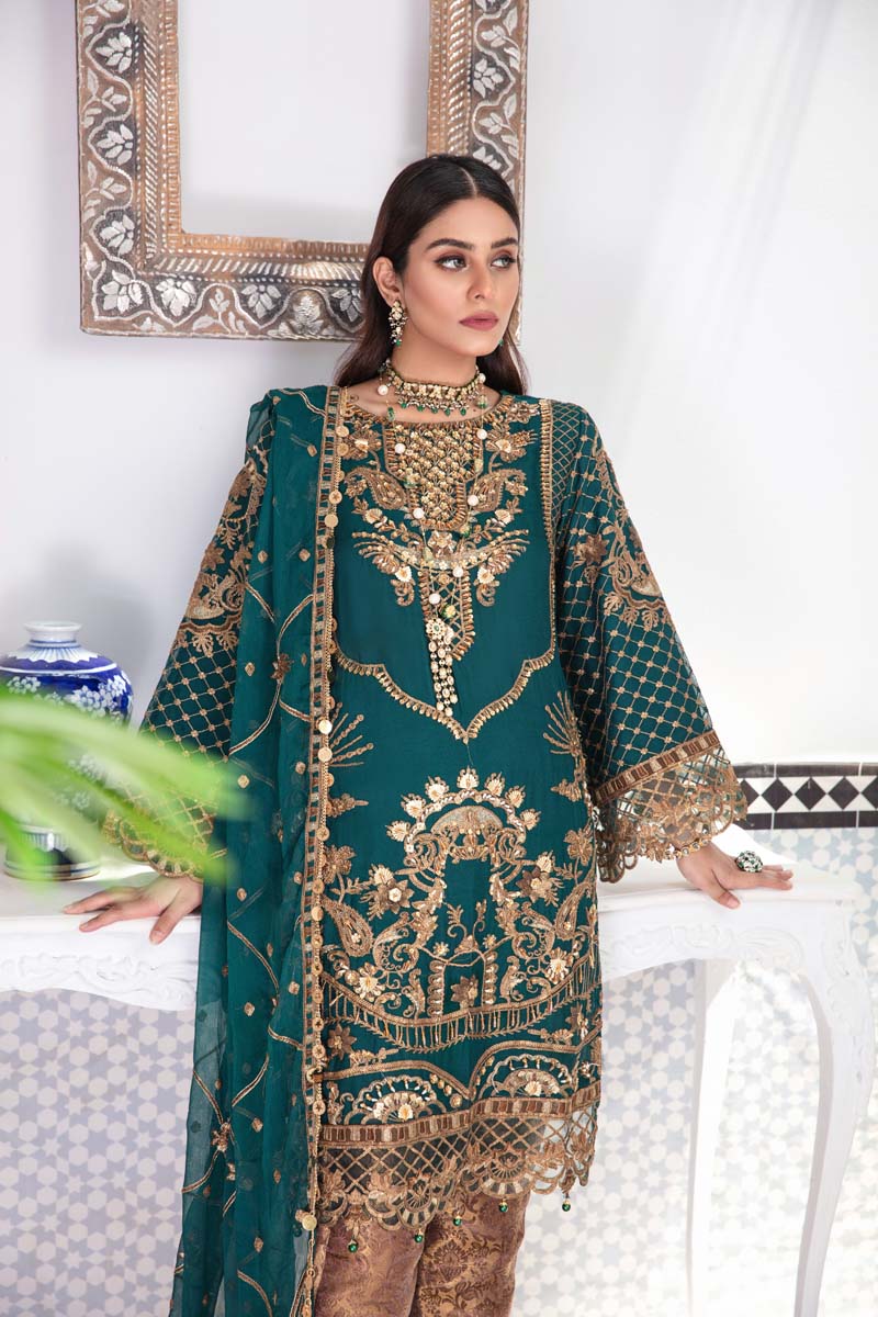 Aroosh Luxury Embroidered Teal Green 3 Piece Wedding Outfit - Desi Posh