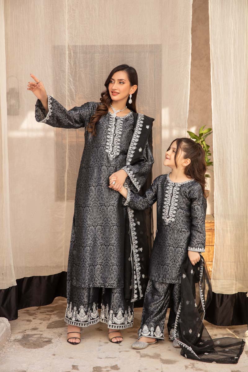 Simrans Jacquard Mummy & Me Ladies Eid suit Black - Desi Posh