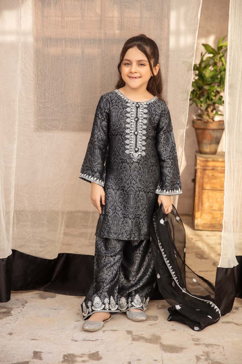 Simrans Jacquard Mummy & Me Kids Eid suit Black - Desi Posh