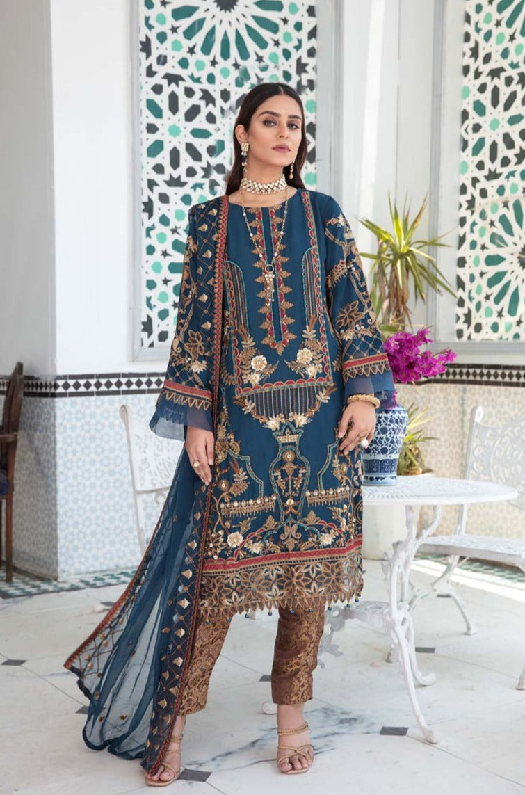 Aroosh Luxury Embroidered Teal Blue 3 Piece Wedding Outfit - Desi Posh