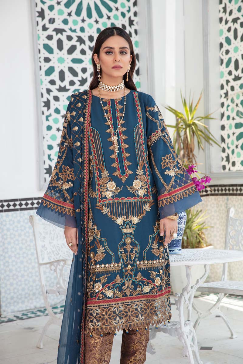 Aroosh Luxury Embroidered Teal Blue 3 Piece Wedding Outfit - Desi Posh
