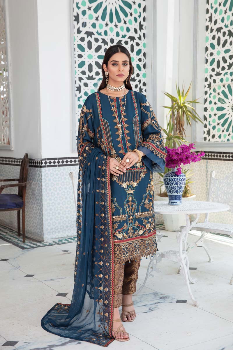 Aroosh Luxury Embroidered Teal Blue 3 Piece Wedding Outfit - Desi Posh
