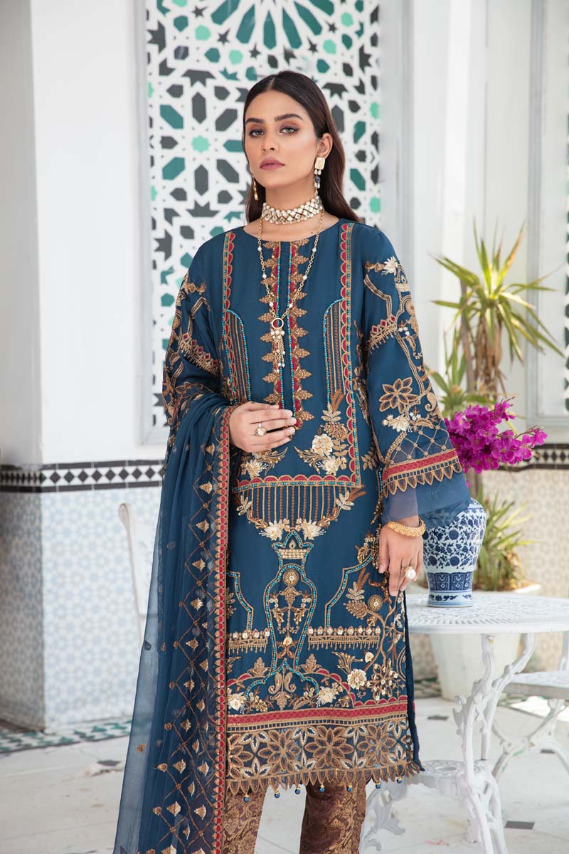 Aroosh Luxury Embroidered Teal Blue 3 Piece Wedding Outfit - Desi Posh