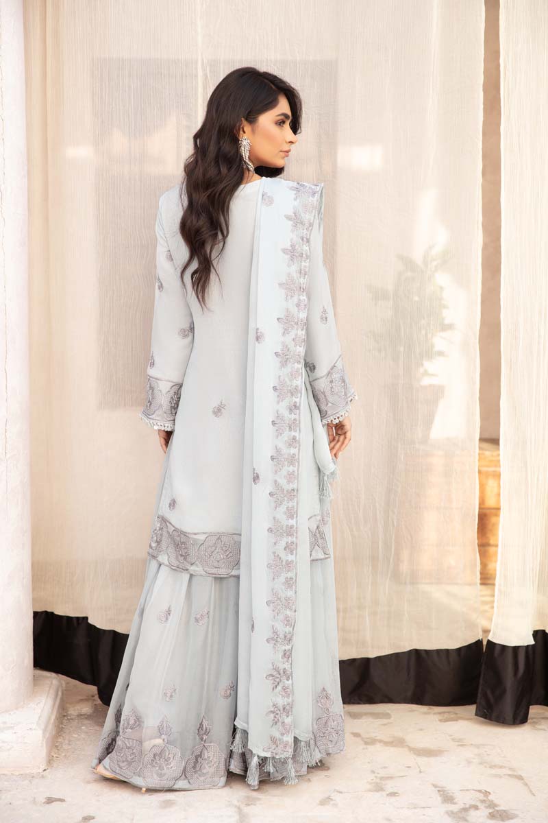 Simrans Wedding Chiffon Sky Grey 3 Piece Sharara Outfit - Desi Posh