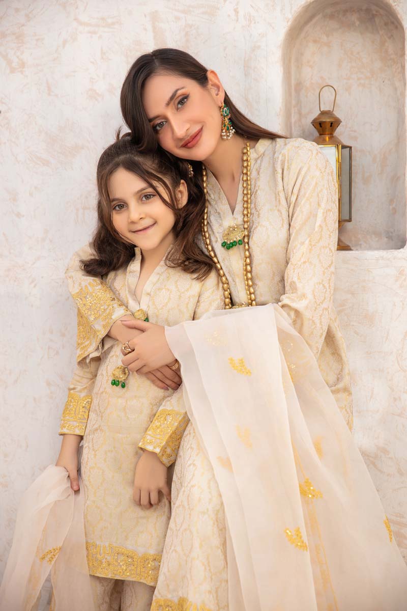 Simrans Jacquard Mummy & Me Ladies Eid suit Ivory Gold - Desi Posh