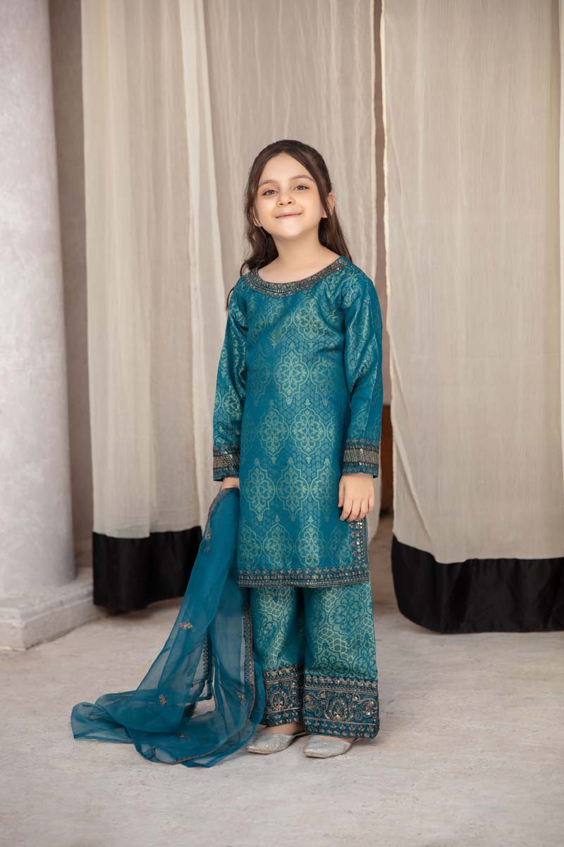 Simrans Jacquard Mummy & Me Kids Eid suit Teal Green - Desi Posh