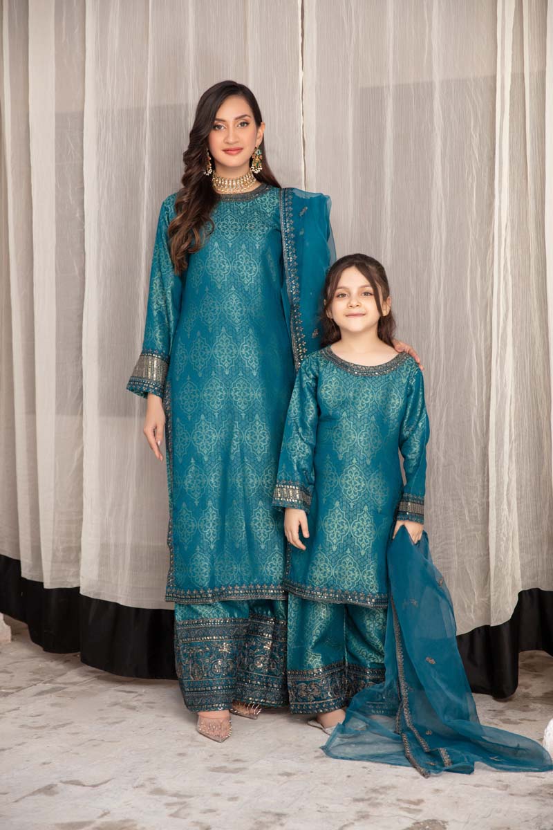 Simrans Jacquard Mummy & Me Kids Eid suit Teal Green - Desi Posh