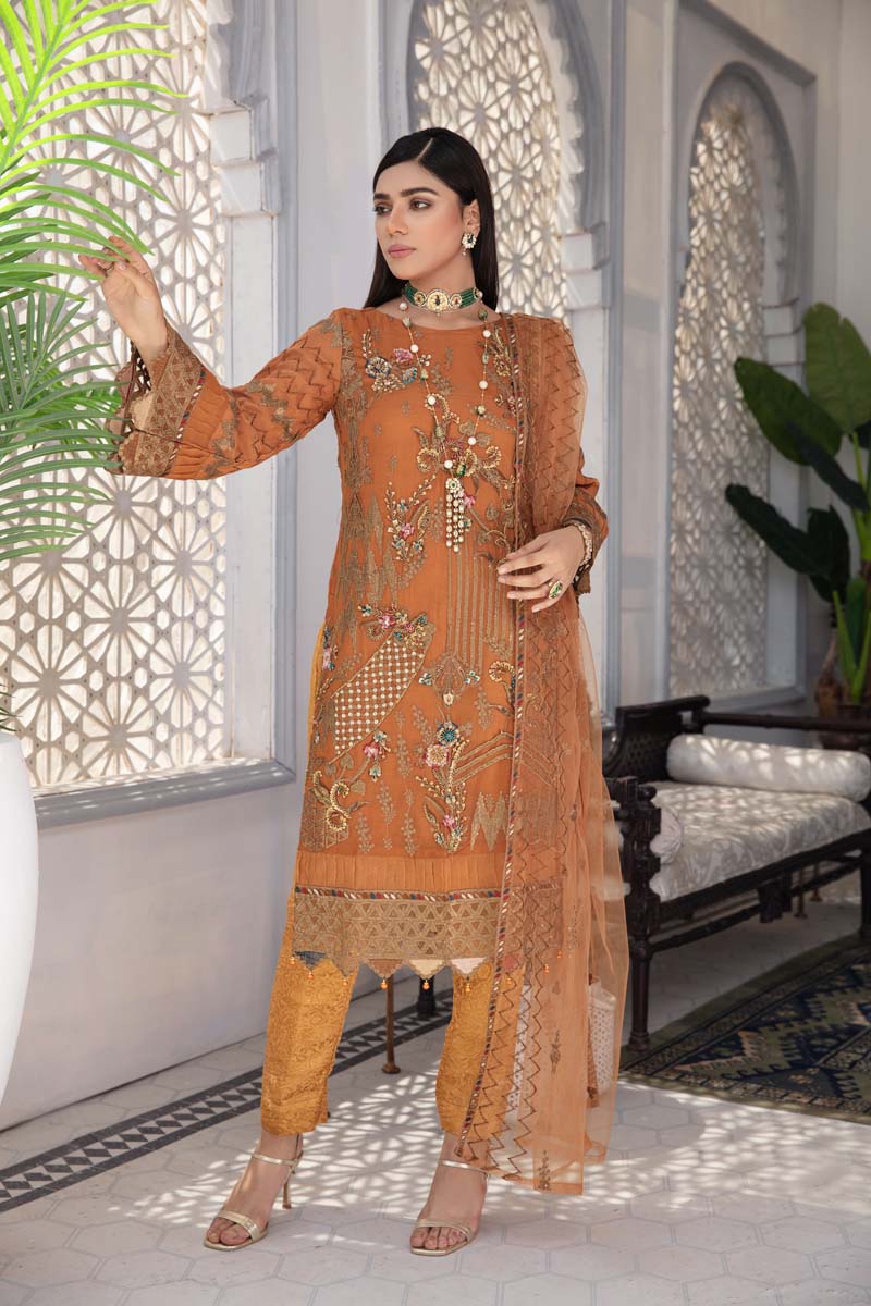 Aroosh Luxury Embroidered Rust Orange 3 Piece Wedding Outfit - Desi Posh
