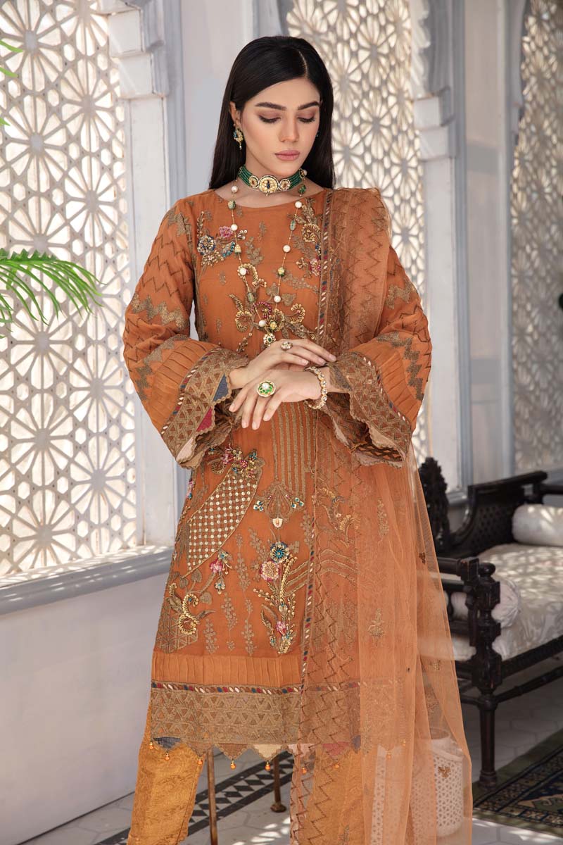 Aroosh Luxury Embroidered Rust Orange 3 Piece Wedding Outfit - Desi Posh