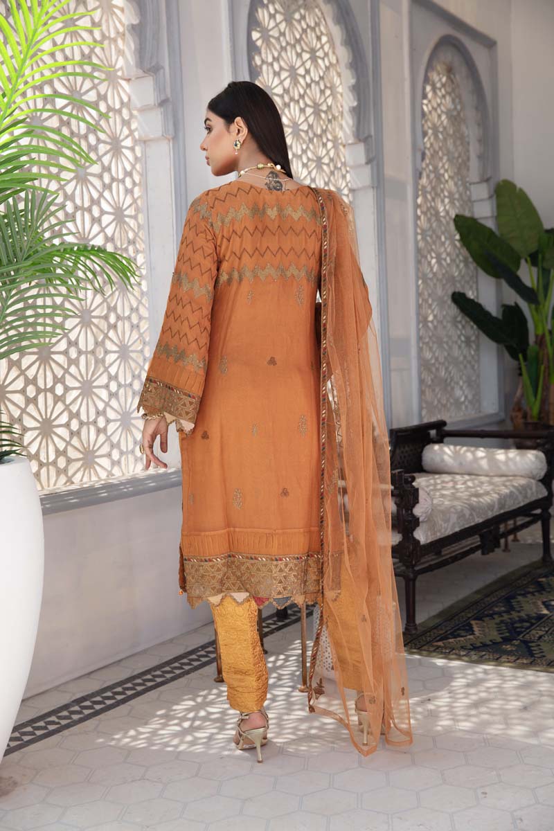 Aroosh Luxury Embroidered Rust Orange 3 Piece Wedding Outfit - Desi Posh