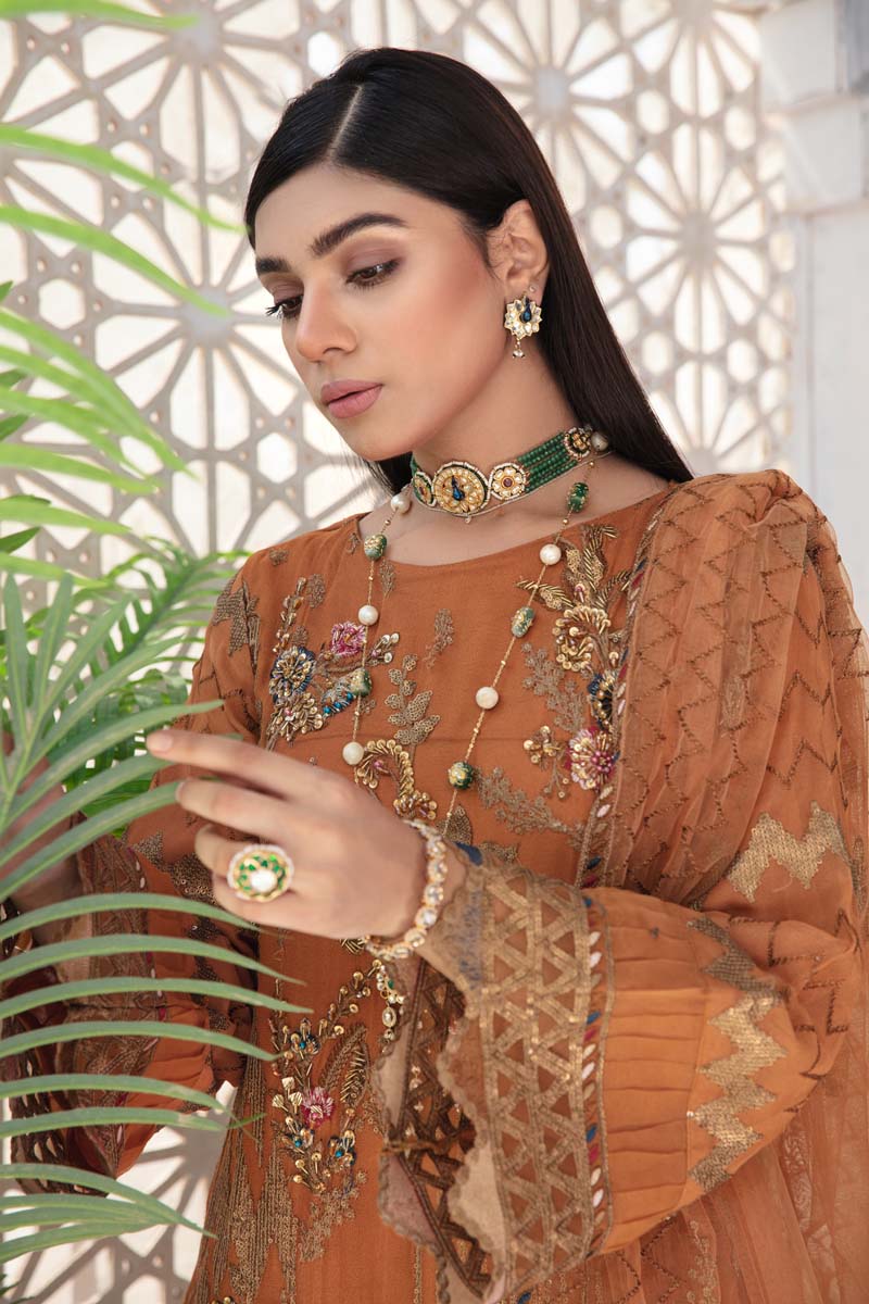 Aroosh Luxury Embroidered Rust Orange 3 Piece Wedding Outfit - Desi Posh