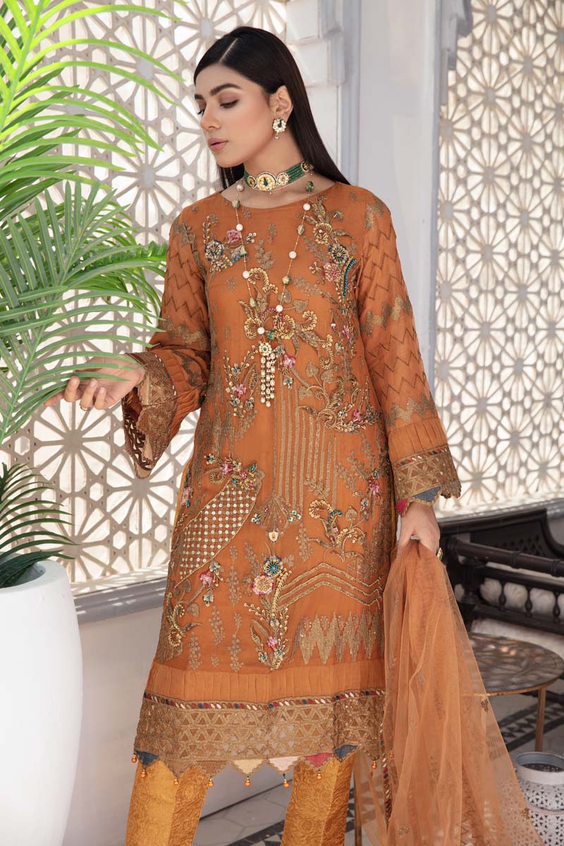 Aroosh Luxury Embroidered Rust Orange 3 Piece Wedding Outfit - Desi Posh