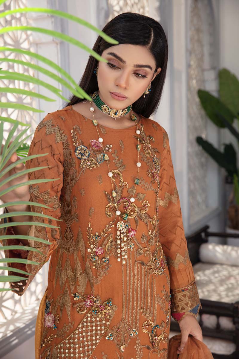 Aroosh Luxury Embroidered Rust Orange 3 Piece Wedding Outfit - Desi Posh
