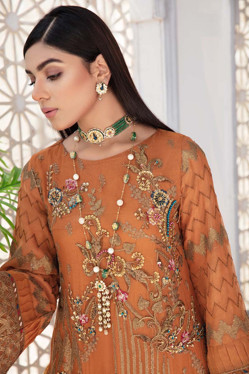 Aroosh Luxury Embroidered Rust Orange 3 Piece Wedding Outfit - Desi Posh