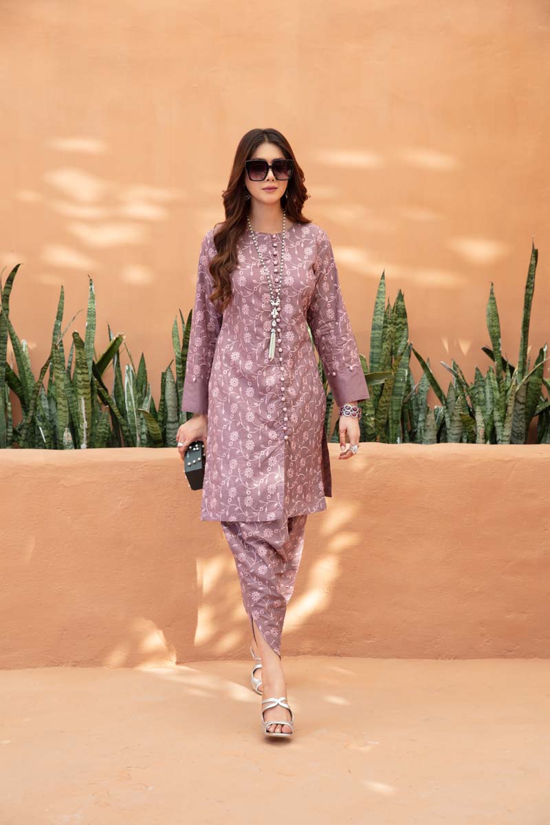 Ivana Fully Embroidered Cotton Co-ord Set in Lilac CCR11 - Desi Posh