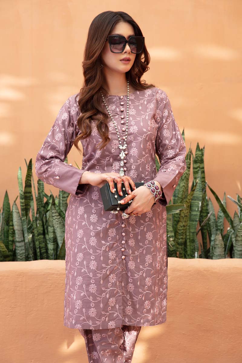 Ivana Fully Embroidered Cotton Co-ord Set in Lilac CCR11 - Desi Posh