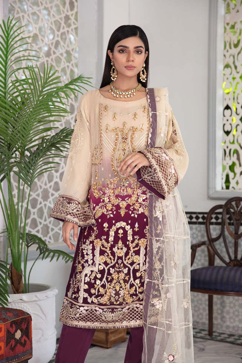 Aroosh Luxury Embroidered Beige Plum 3 Piece Wedding Outfit - Desi Posh
