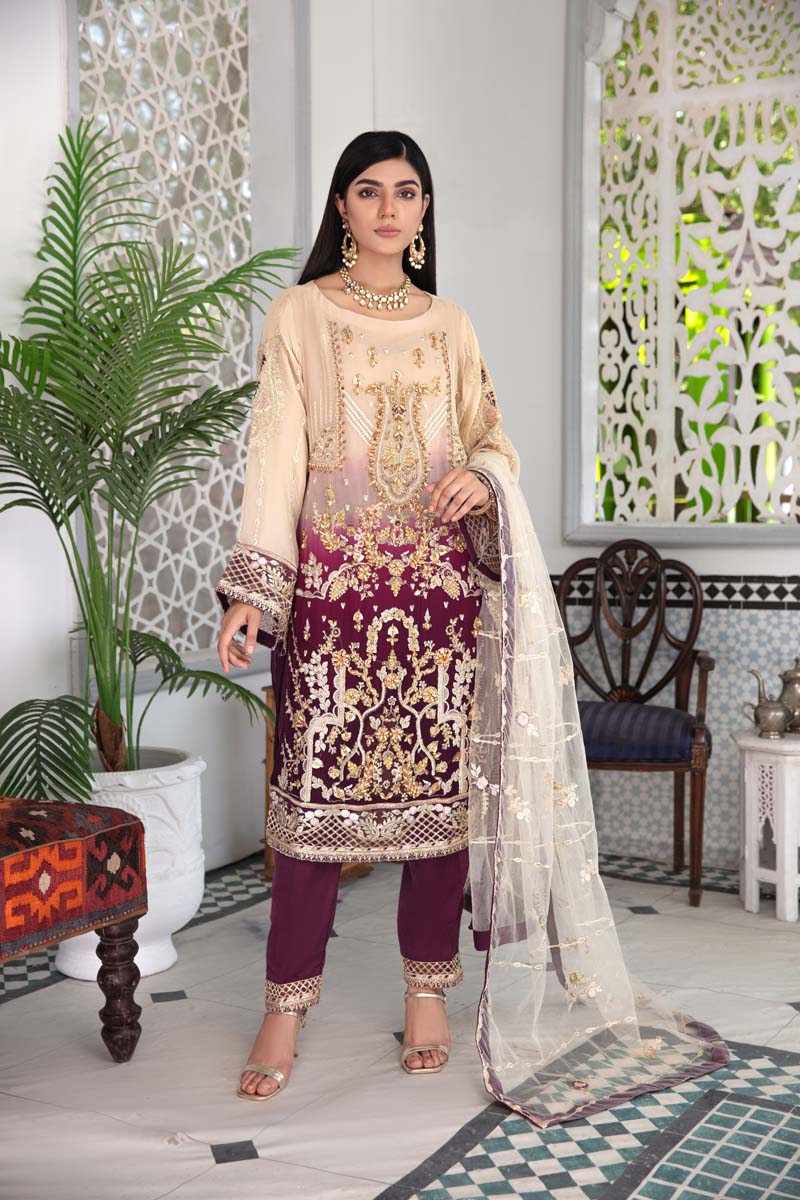 Aroosh Luxury Embroidered Beige Plum 3 Piece Wedding Outfit - Desi Posh