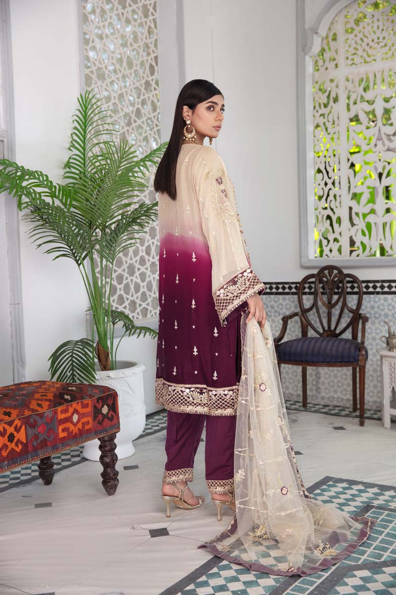 Aroosh Luxury Embroidered Beige Plum 3 Piece Wedding Outfit - Desi Posh