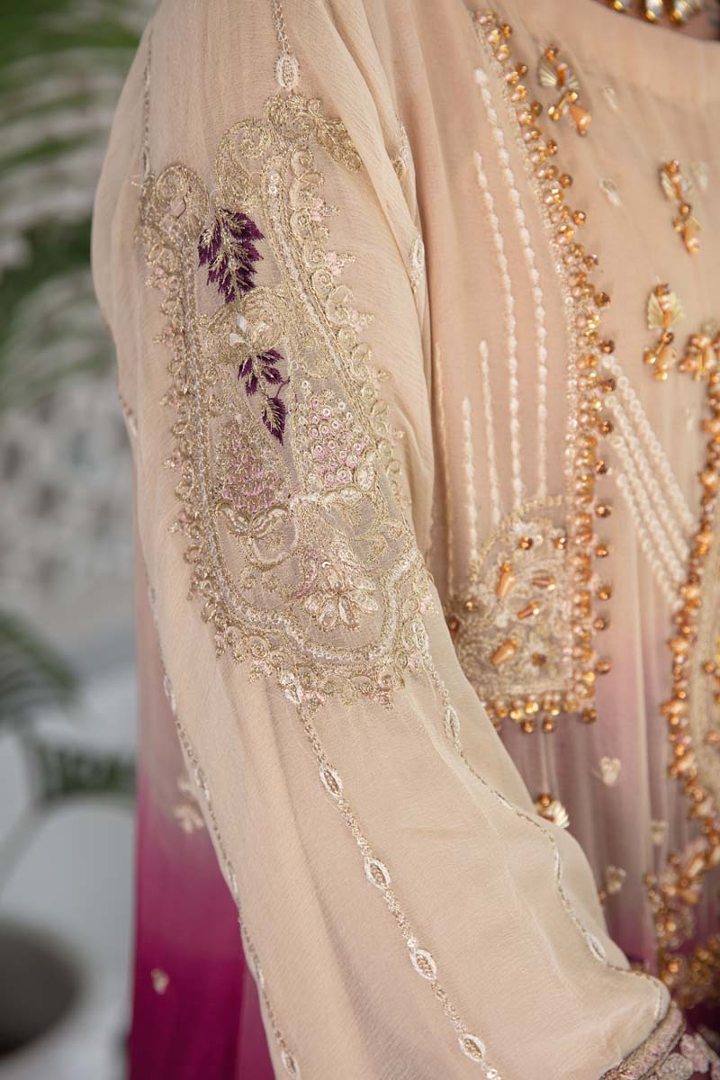 Aroosh Luxury Embroidered Beige Plum 3 Piece Wedding Outfit - Desi Posh