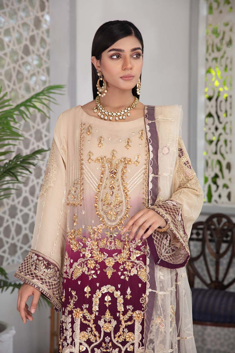 Aroosh Luxury Embroidered Beige Plum 3 Piece Wedding Outfit - Desi Posh