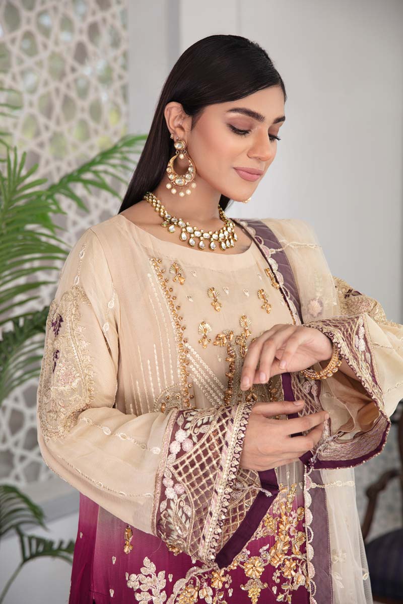 Aroosh Luxury Embroidered Beige Plum 3 Piece Wedding Outfit - Desi Posh