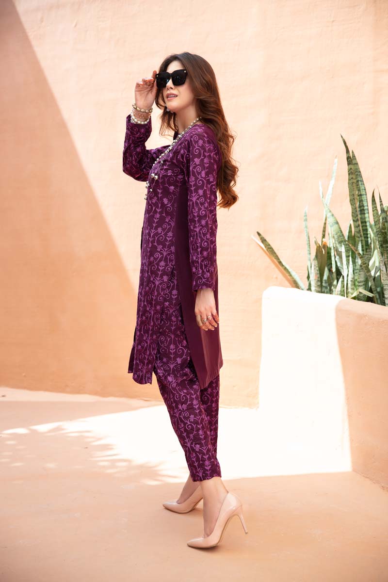 Ivana Fully Embroidered Cotton Co-ord Set in Purple CCR14 - Desi Posh