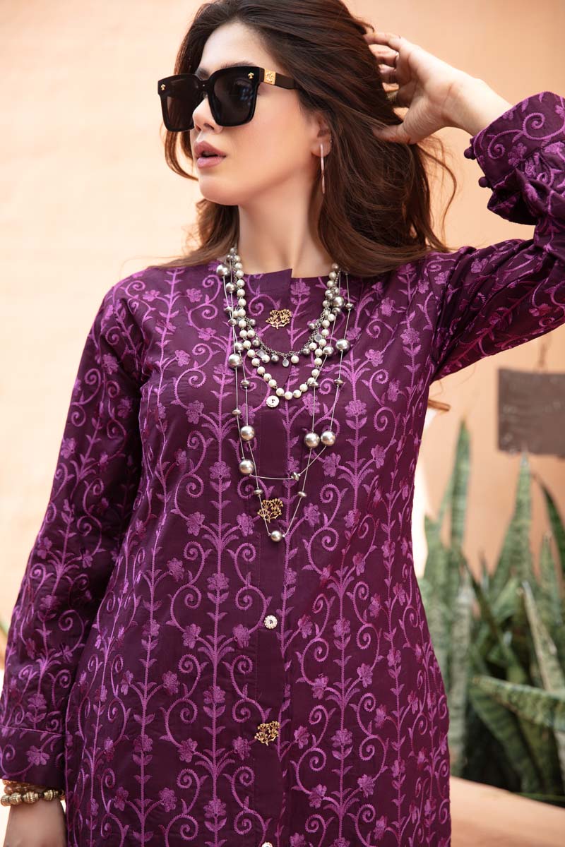 Ivana Fully Embroidered Cotton Co-ord Set in Purple CCR14 - Desi Posh