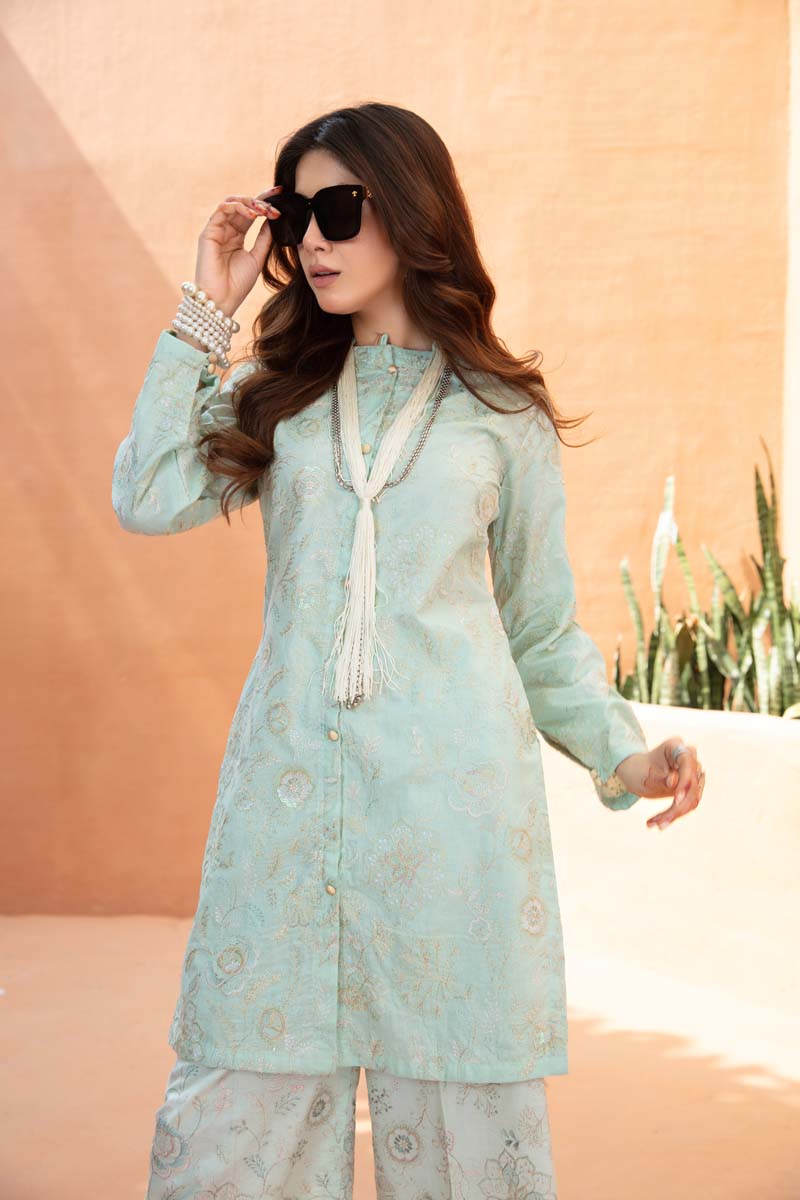 Ivana Fully Embroidered Cotton Co-ord Set in Mint CCR13 - Desi Posh