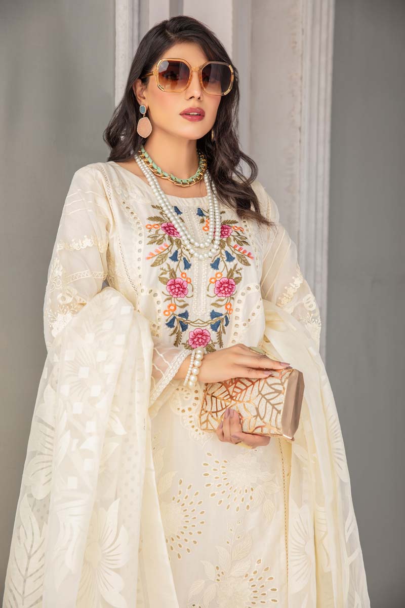 Maria B Inspired Embroidered Long Cream Kameez 3 Piece Outfit With Net Dupatta - Desi Posh
