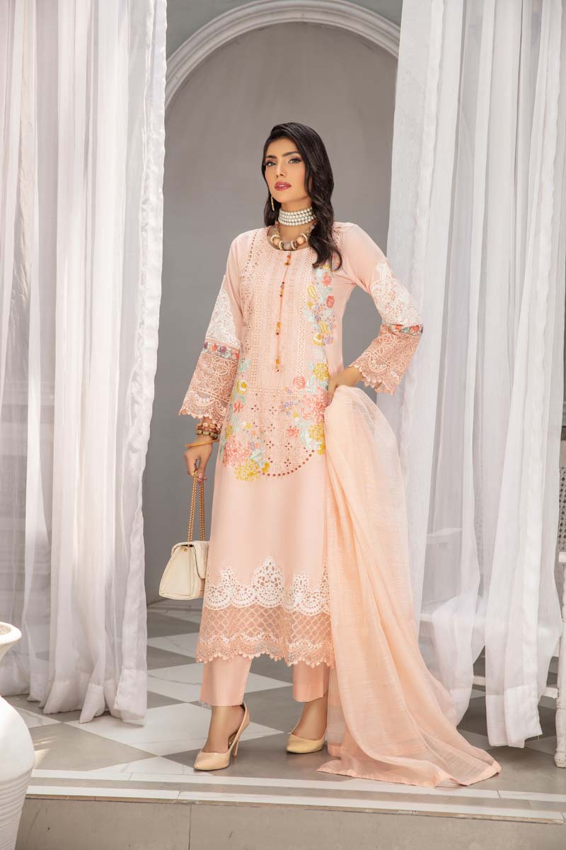 Maria B Inspired Embroidered Long Pink Kameez 3 Piece Outfit With Net Dupatta - Desi Posh