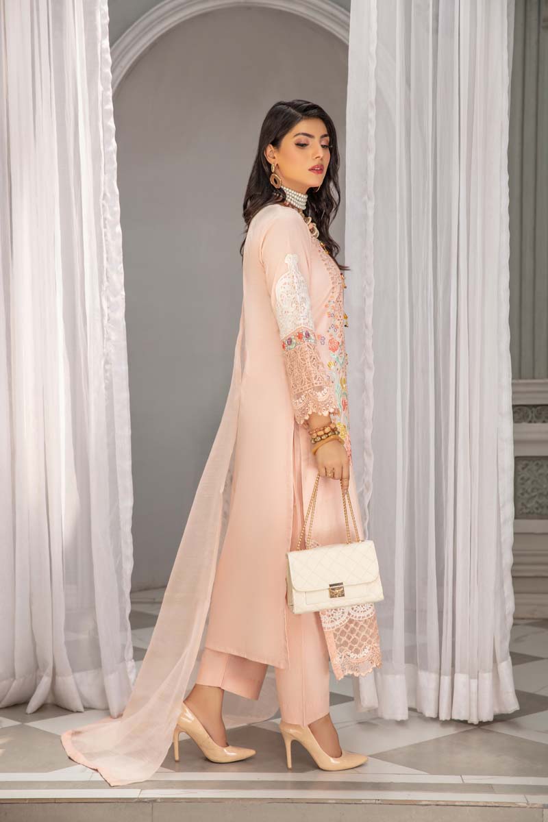 Maria B Inspired Embroidered Long Pink Kameez 3 Piece Outfit With Net Dupatta - Desi Posh