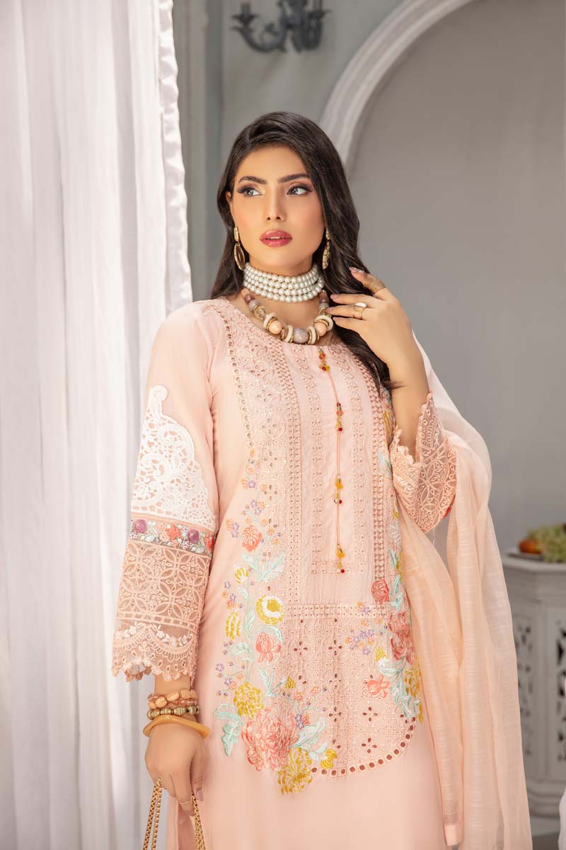 Maria B Inspired Embroidered Long Pink Kameez 3 Piece Outfit With Net Dupatta - Desi Posh