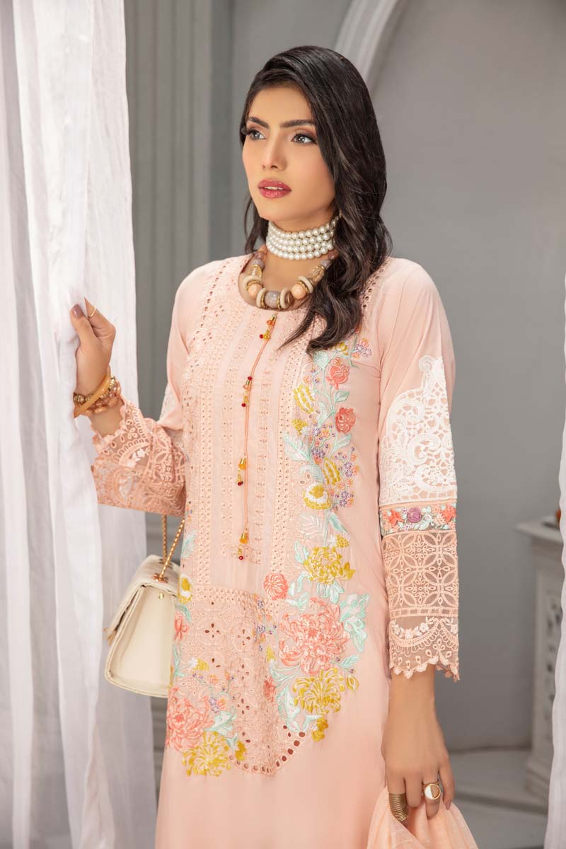 Maria B Inspired Embroidered Long Pink Kameez 3 Piece Outfit With Net Dupatta - Desi Posh