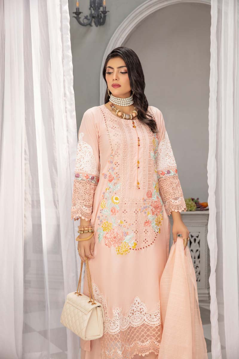 Maria B Inspired Embroidered Long Pink Kameez 3 Piece Outfit With Net Dupatta - Desi Posh