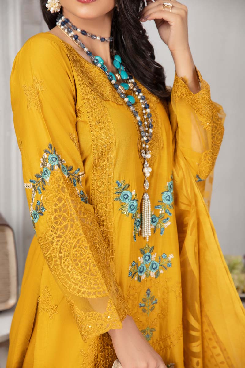 Maria B Inspired Embroidered Long Mustard Kameez 3 Piece Outfit With Net Dupatta - Desi Posh