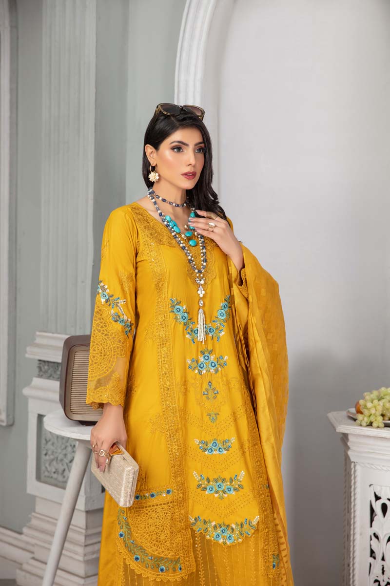 Maria B Inspired Embroidered Long Mustard Kameez 3 Piece Outfit With Net Dupatta - Desi Posh