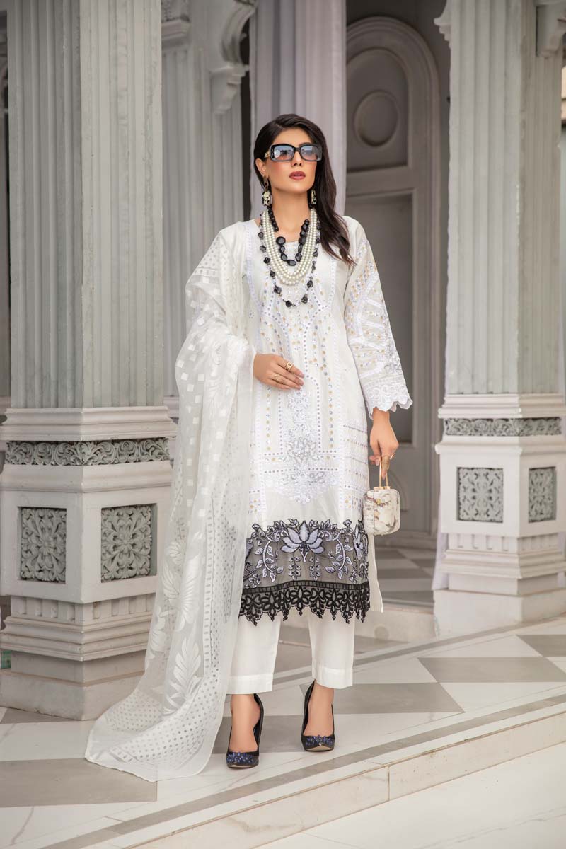 Maria B Inspired Embroidered Long White Kameez 3 Piece Outfit With Net Dupatta - Desi Posh