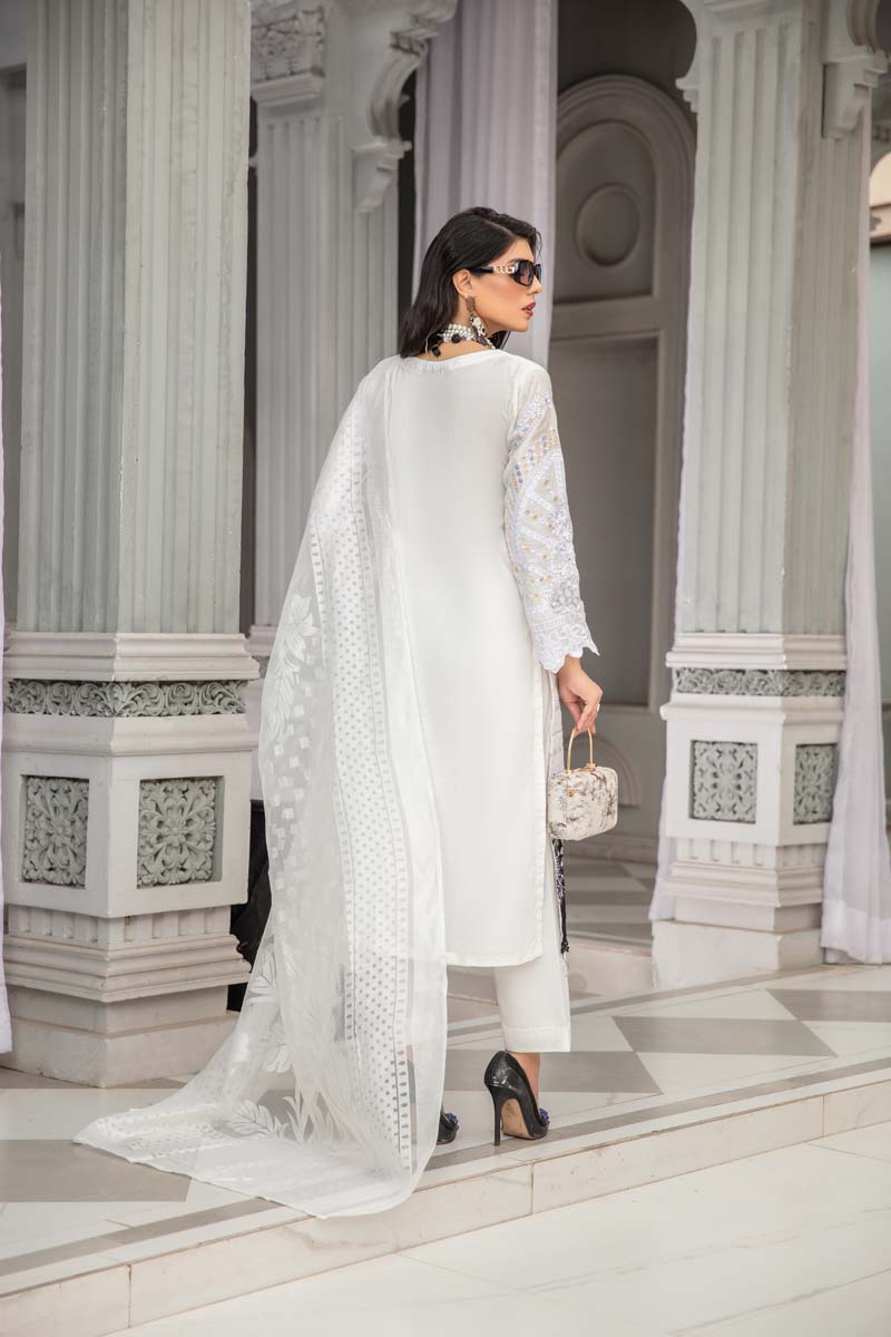 Maria B Inspired Embroidered Long White Kameez 3 Piece Outfit With Net Dupatta - Desi Posh