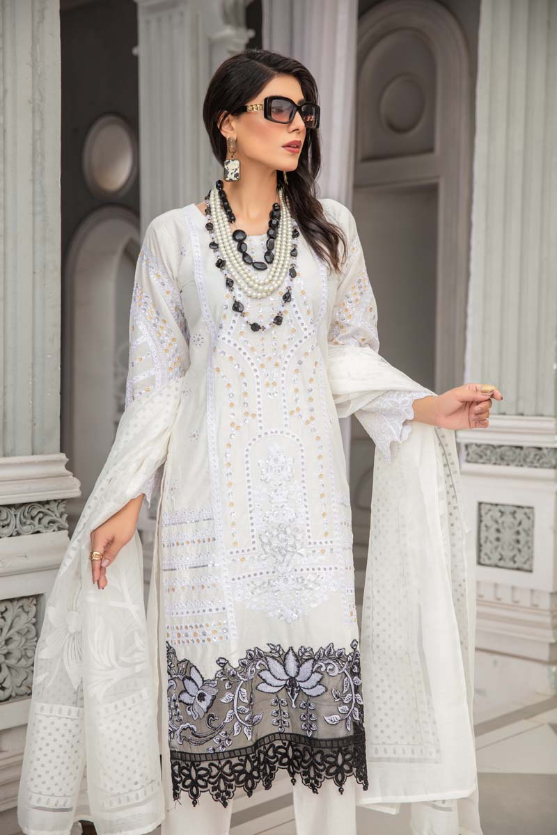 Maria B Inspired Embroidered Long White Kameez 3 Piece Outfit With Net Dupatta - Desi Posh