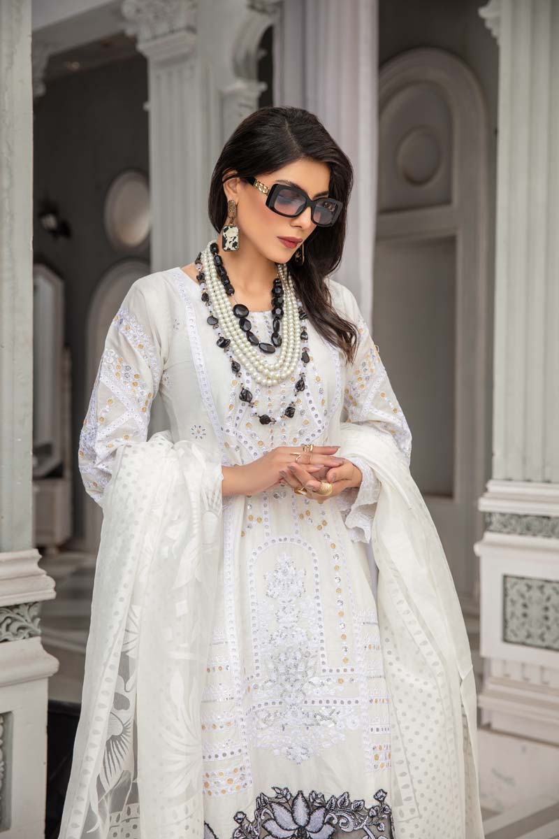 Maria B Inspired Embroidered Long White Kameez 3 Piece Outfit With Net Dupatta - Desi Posh